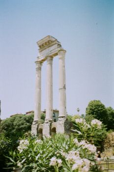 Ruins of the Temple of Castor and Pollux in bright summer Rome, Italy.