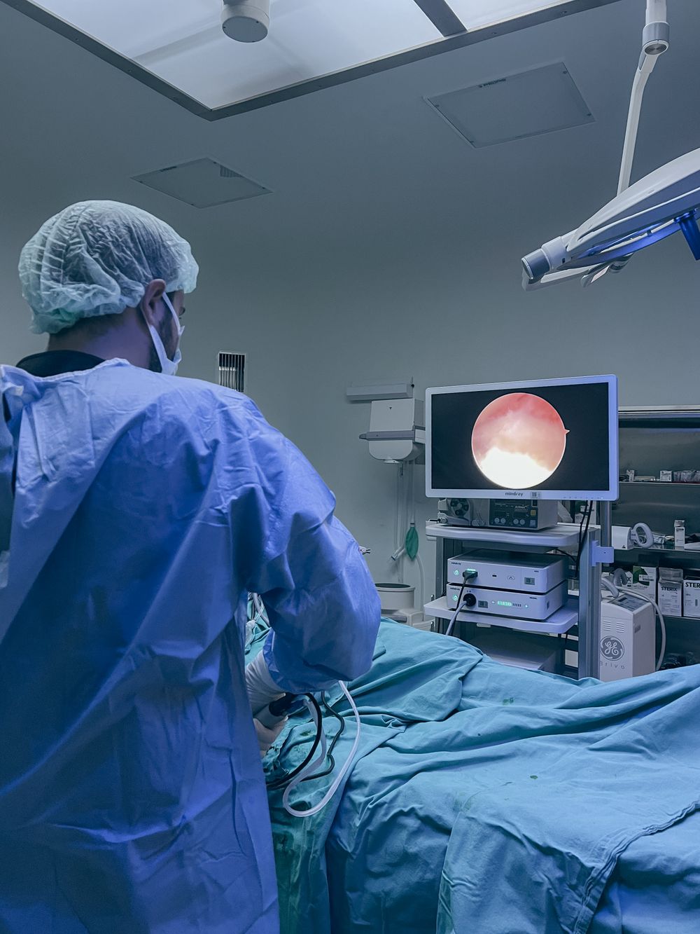 Surgeon performing minimally invasive endoscopic surgery while viewing a medical monitor