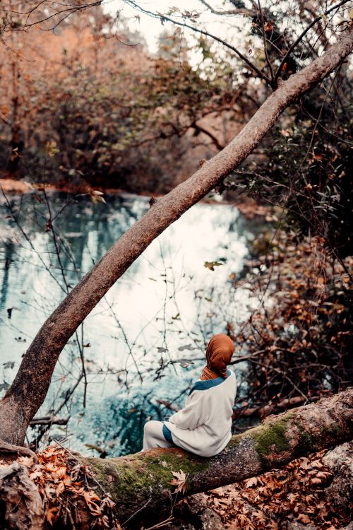 Free A woman in a hijab sits by a calm river, surrounded by autumn leaves and nature's beauty. Stock Photo