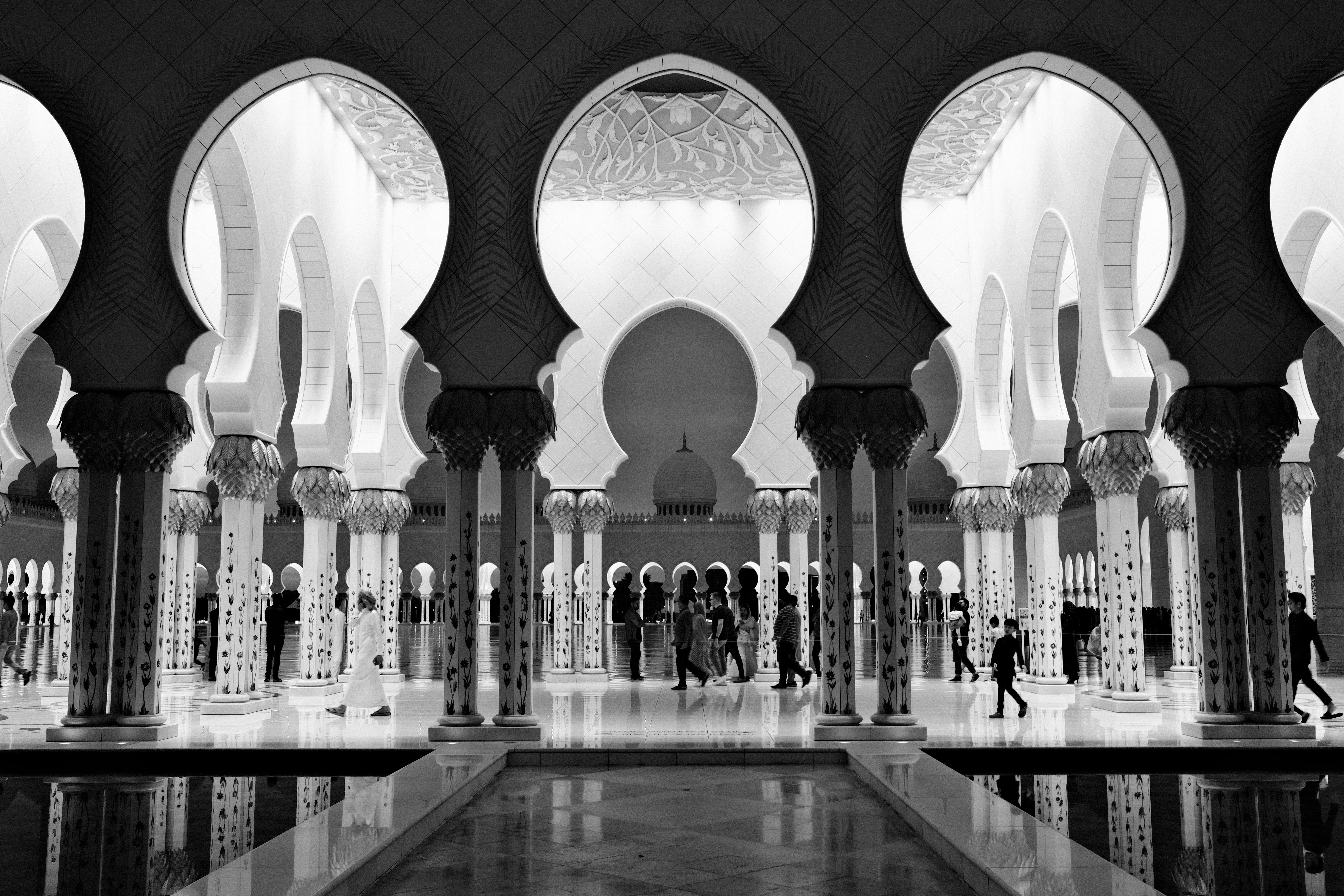 interior of sheikh zayed grand mosque in black and white