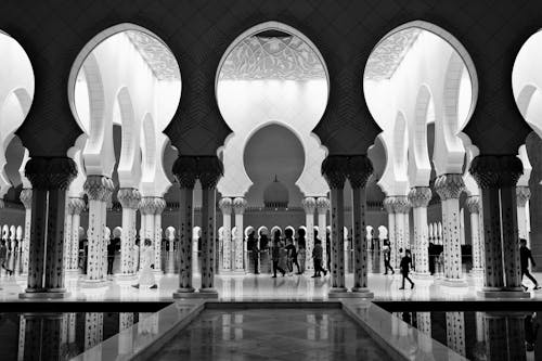 Interior of Sheikh Zayed Grand Mosque in Black and White