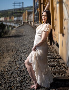 Elegant woman in a white dress posing on a railway during daytime, exuding classic fashion vibes.