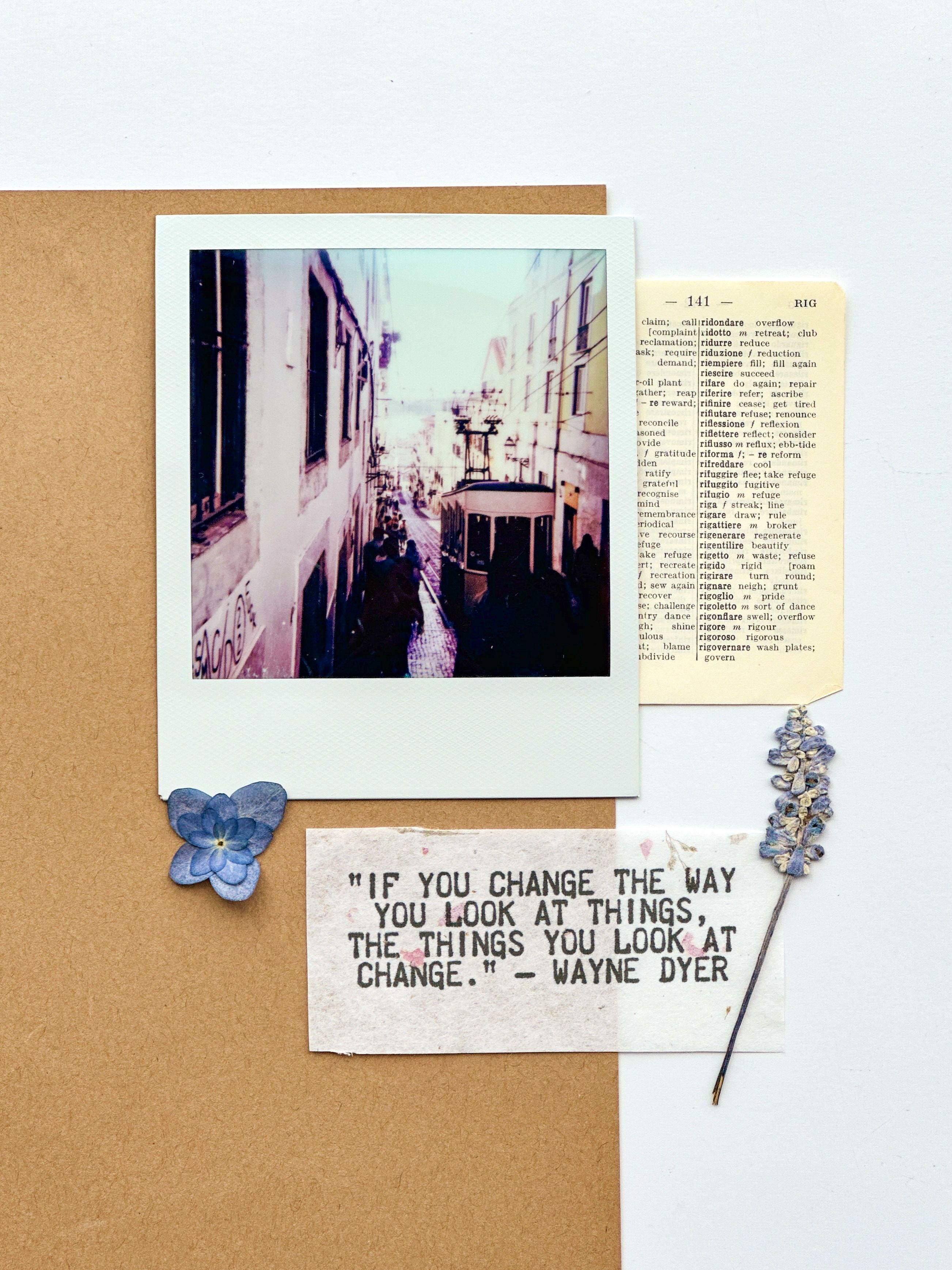 Polaroid of Lisbon with Wayne Dyer quote and pressed flowers on cardboard.