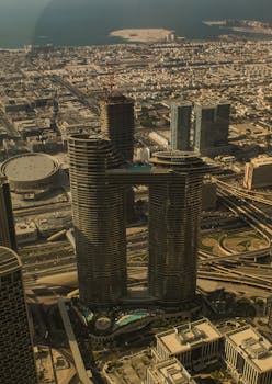 Stunning aerial view of Dubai's modern architecture and urban landscape.