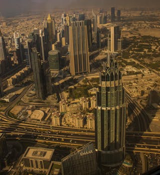 Explore the stunning aerial cityscape of Dubai with iconic skyscrapers and urban design.