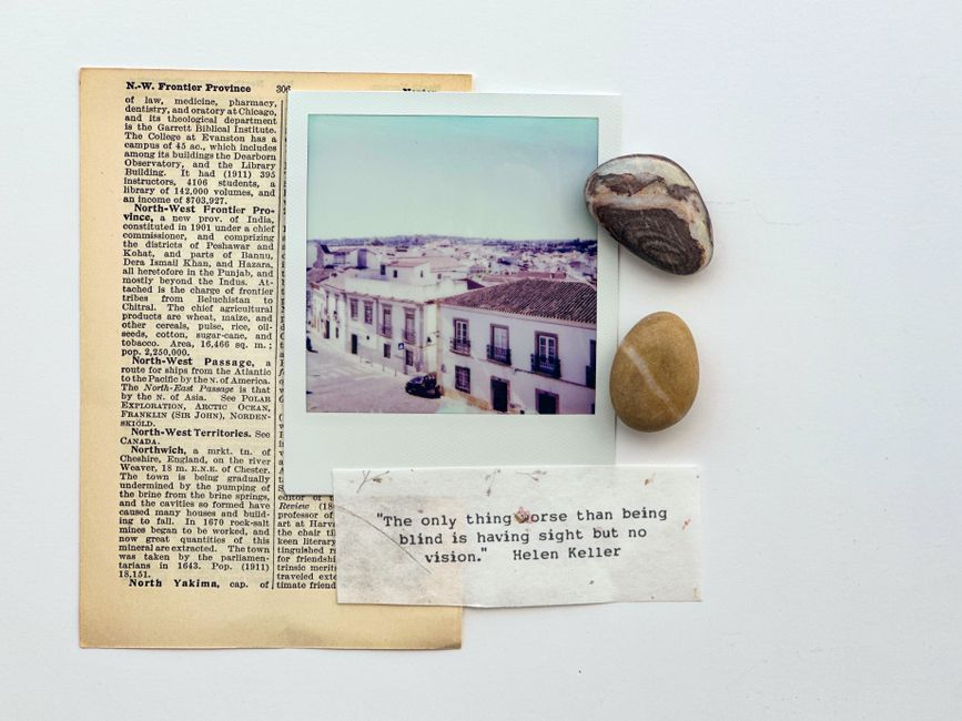 A vintage Polaroid of Évora, Portugal, on a rustic backdrop with old paper and stones.