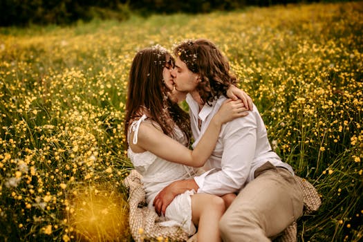 Couple Together on Meadow with Flowers