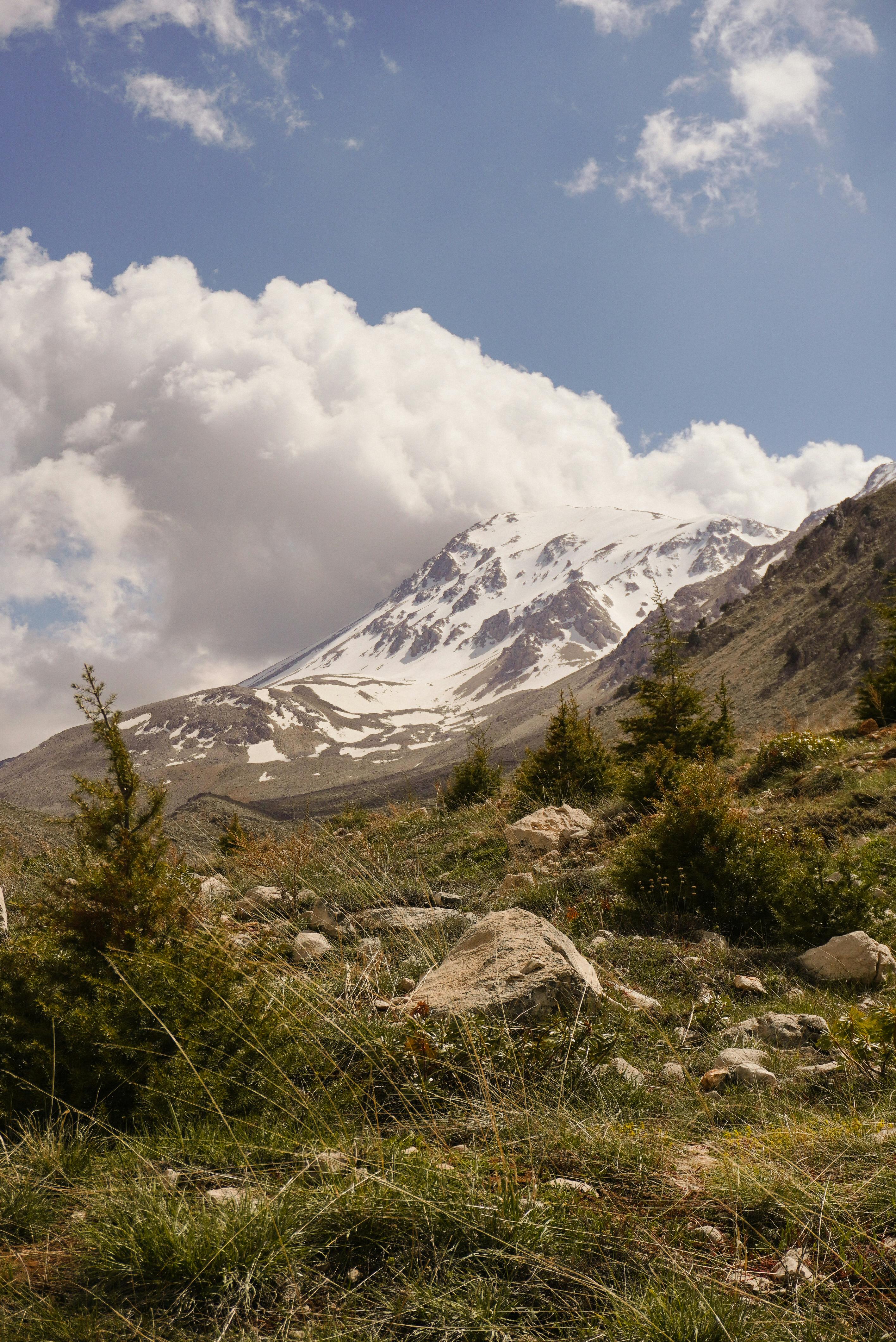Breathtaking view of a snowcapped mountain peak in Antalya, Turkey, with lush greenery.
