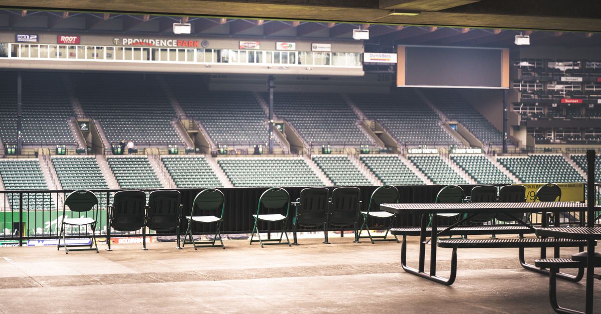 View of empty seating area at Providence Park in Portland, Oregon, showcasing a quiet stadium environment.