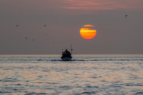 Motorboat on Open Water at Sunset