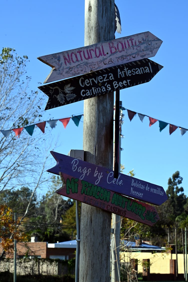 Directional Signs On A Wooden Post