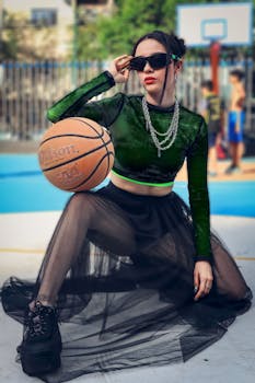 Stylish model poses with basketball in urban court, showcasing modern fashion.
