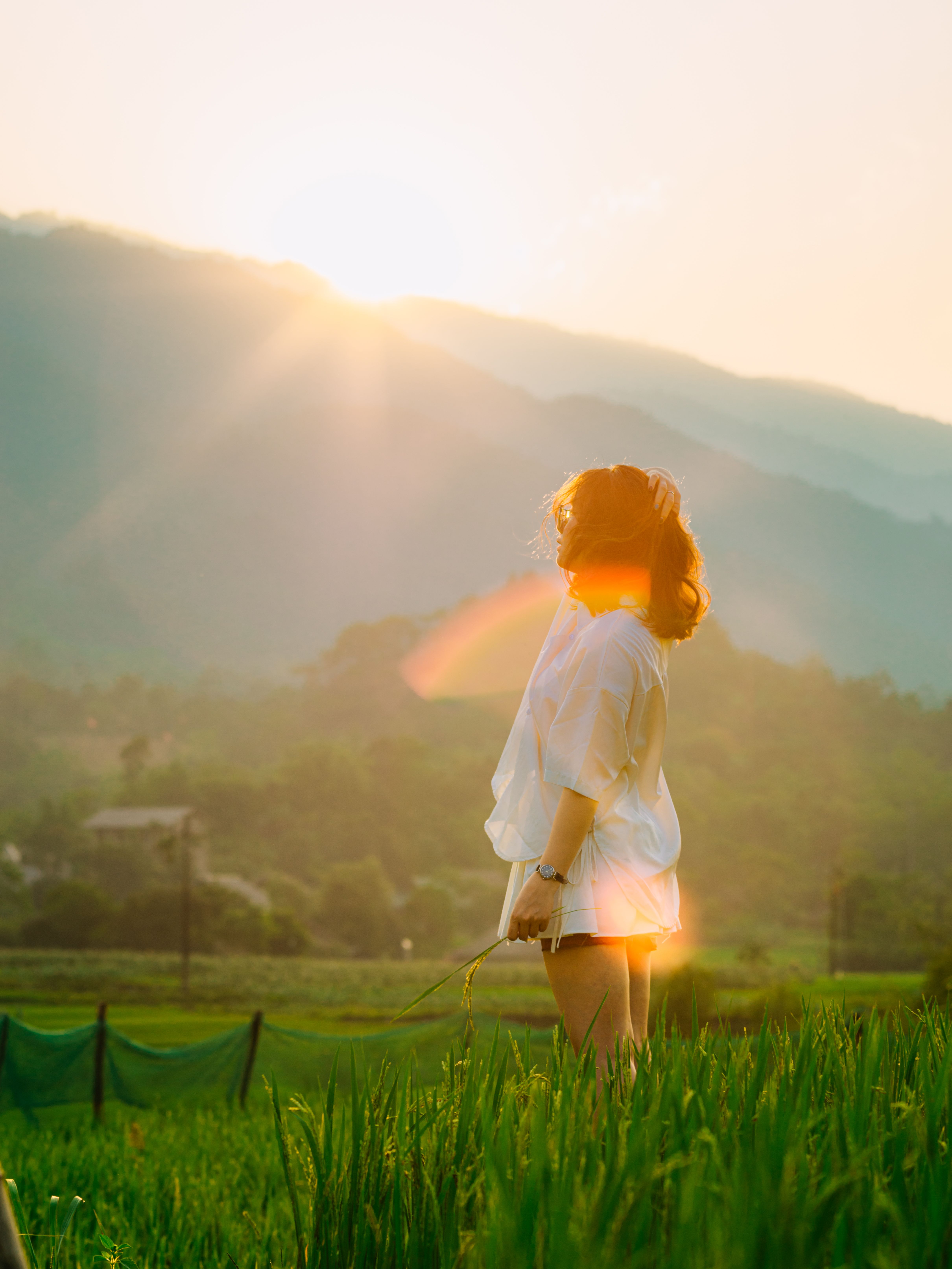 Young Woman Standing on a Grass Field at Sunset · Free Stock Photo