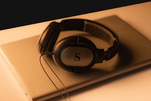 Stylish Sennheiser headphones placed on a laptop, captured with warm lighting for a moody tech vibe.