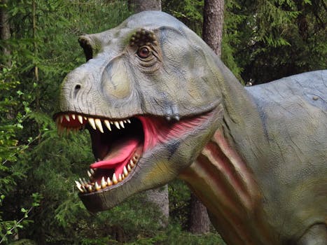 Close-up of a dinosaur statue in a forest park, showcasing its teeth and lifelike features.