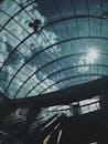 现代建筑中，带自动扶梯的玻璃圆顶天窗呈现出戏剧性的景象
