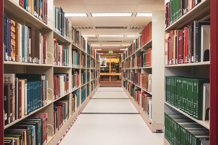 View Of Rows Of Bookshelves In A College Library 