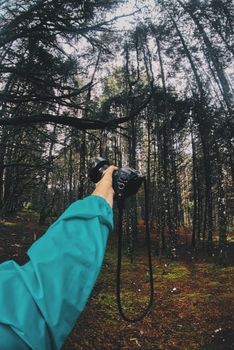 Person holding a camera in a lush forest, capturing the serenity of nature.