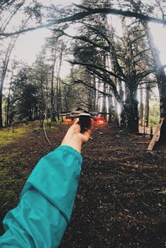 A person launches a drone in a dense, moody forest during daytime.