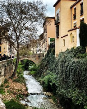 Scenic view of Carrera del Darro in Granada with waterway, ivy, and historic architecture.
