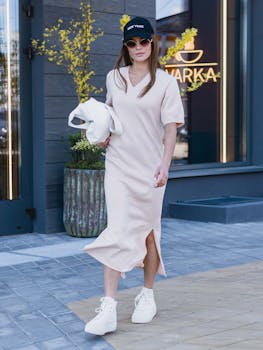Stylish woman wearing a casual dress and cap, walking on a city sidewalk in summer.
