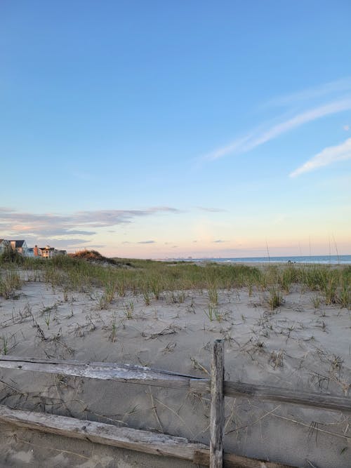 beach sunset with dunes and fence