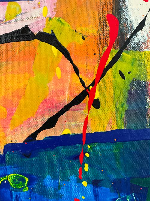 Free Colorful abstract painting featuring dynamic splatters and bold brush strokes. Stock Photo