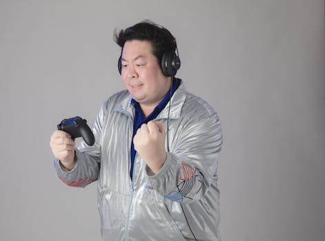 Portrait of an Asian man wearing headphones, holding a controller, and smiling. Gray background.