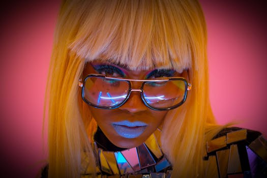 这幅肖像大胆而色彩丰富，描绘了一位戴眼镜、化着妆的时尚女性，背景为粉红色