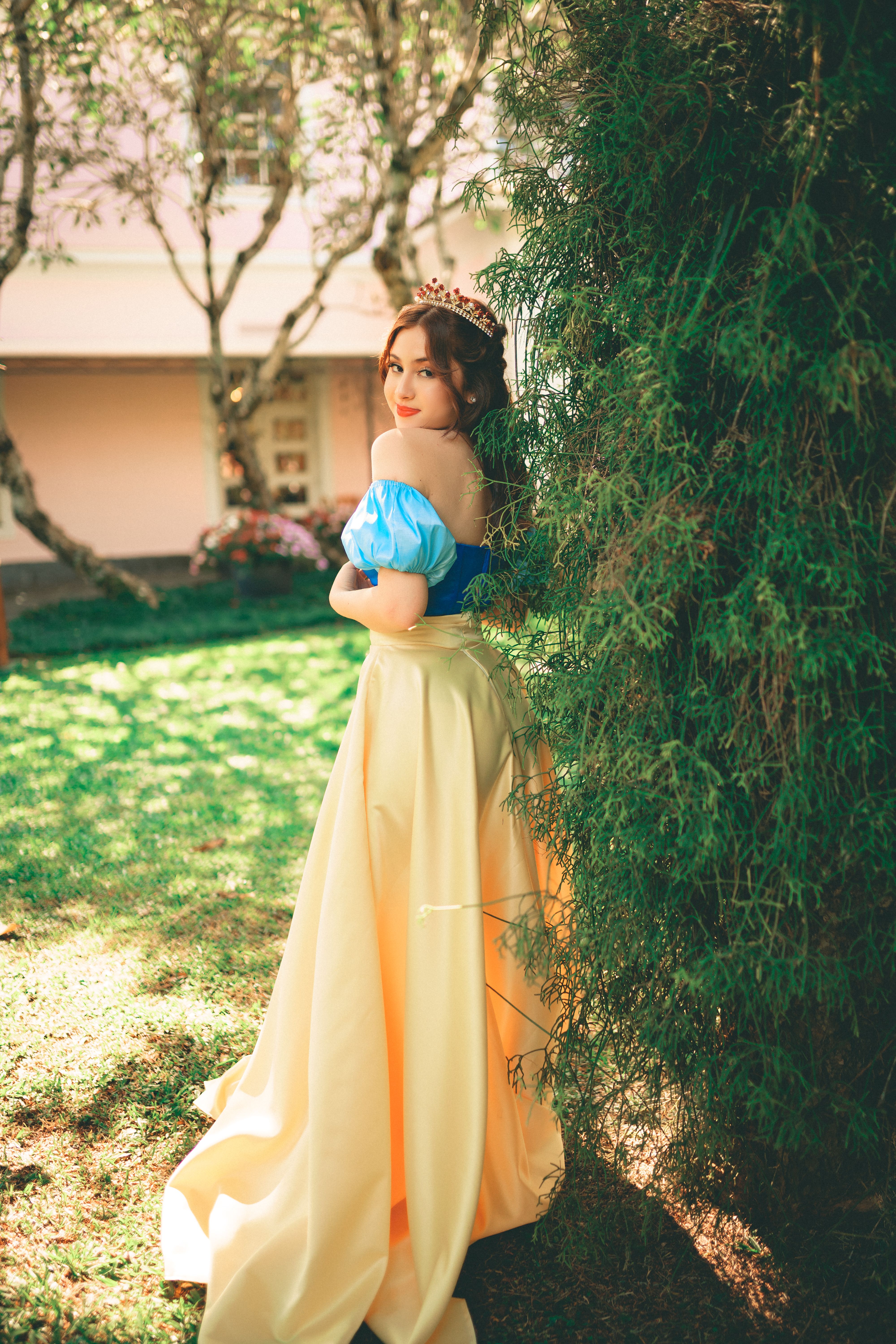 strapless open back dress Aconiconi Luxury Yellow French Print Puff Sleeve Long Princess Dress-  Midsummer Lemon main image 0