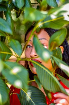 Close-up portrait of a woman partially hidden behind lush green leaves, creating a mysterious and captivating look.