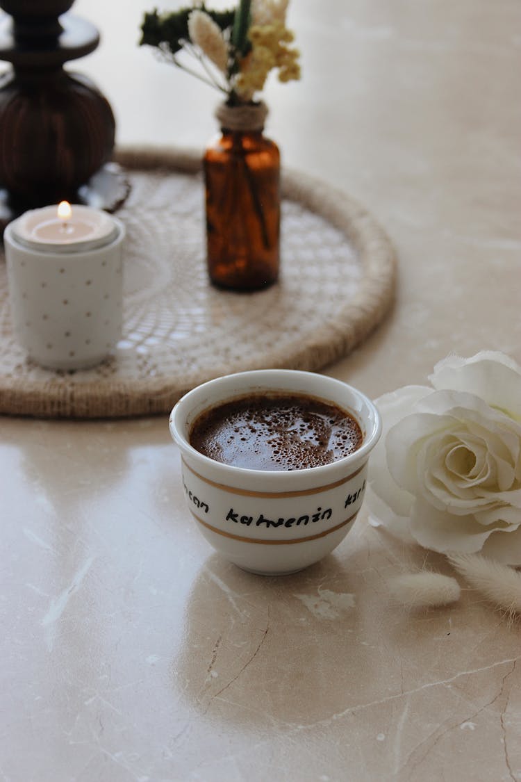 Cup Of Coffe, Rose, Candle And Flowers