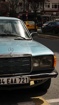 A classic vintage Mercedes Benz parked on a street in Istanbul, capturing nostalgic automotive charm.