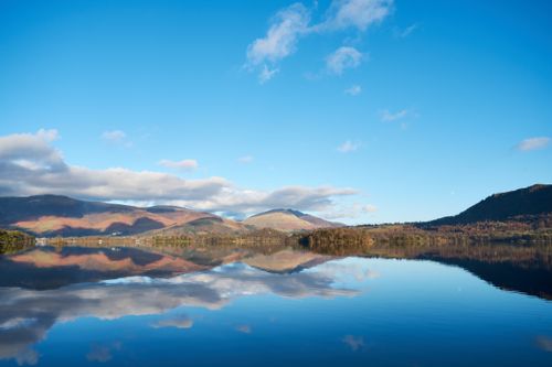Free Beautiful reflection of hills and blue sky on Derwentwater Lake, Keswick, England. Stock Photo