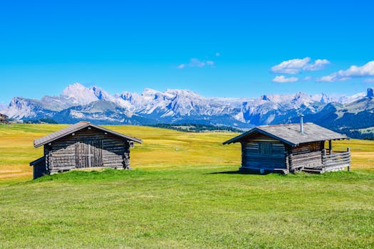 Charming wooden cabins set against stunning mountain backdrop in tranquil alpine meadow.