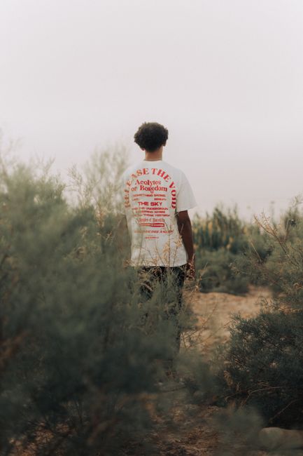 A person standing with their back turned amidst scattered bushes and misty atmosphere in Ouargla, Algeria.