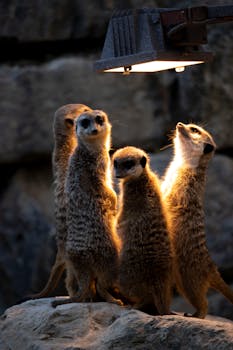 一群猫鼬好奇地站在温暖的灯光下