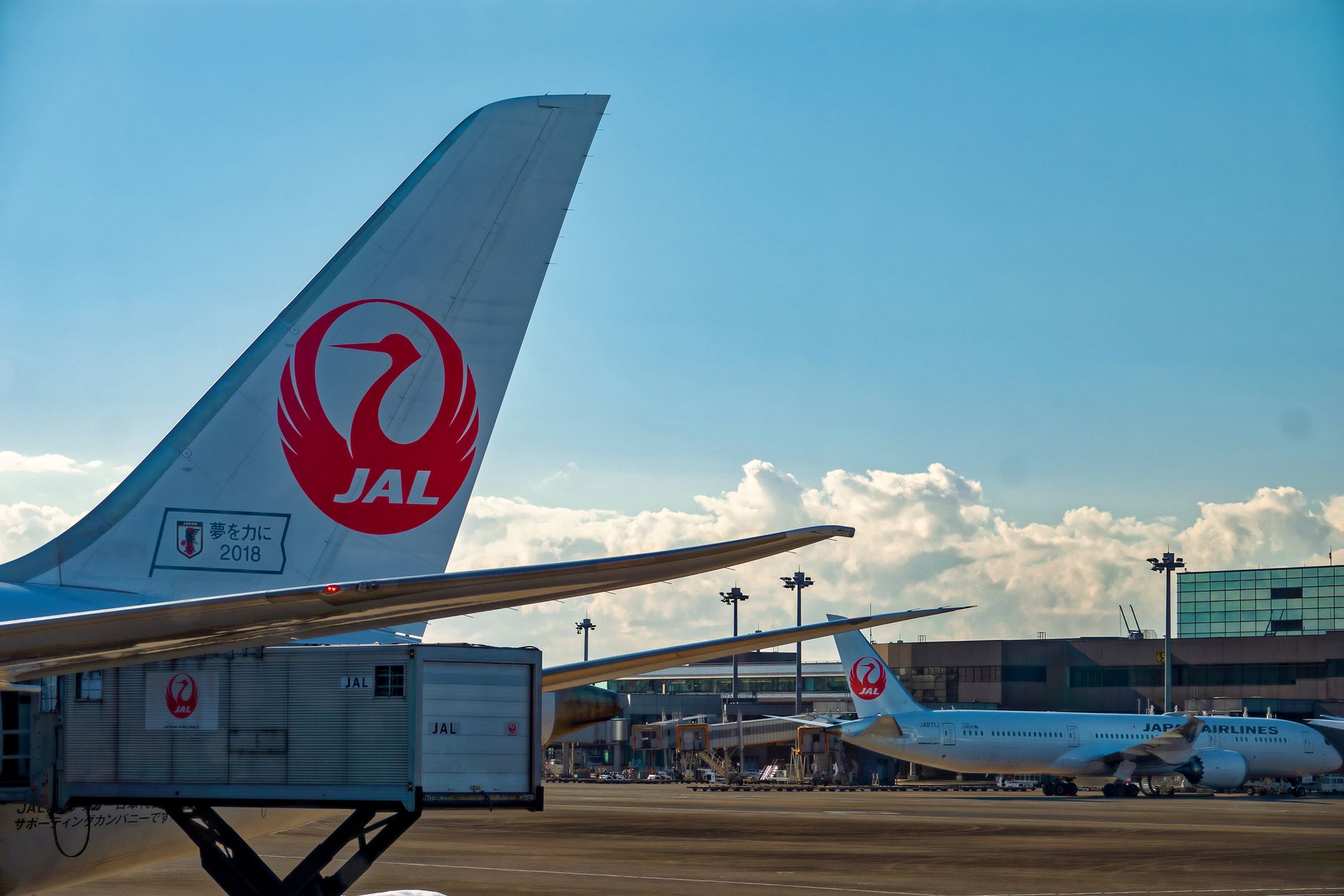 일본 아오모리현 지진 발생 3 Japan Airlines planes on tarmac at airport under clear blue sky.