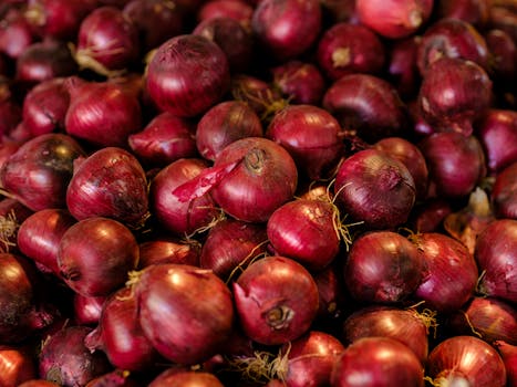 A close-up of a large selection of fresh red onions, showcasing their vibrant color and texture.