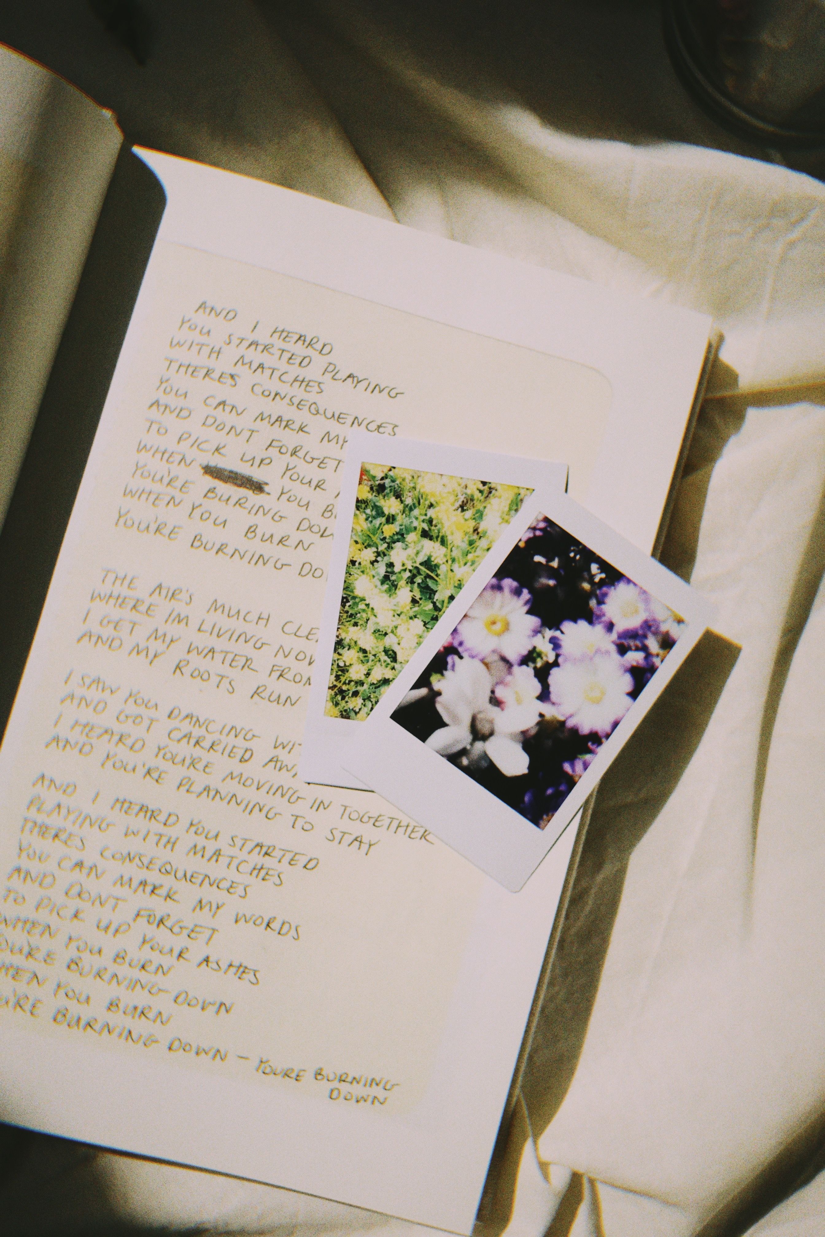 Aesthetic view of a notebook featuring handwritten lyrics with polaroid photos of flowers and nature.