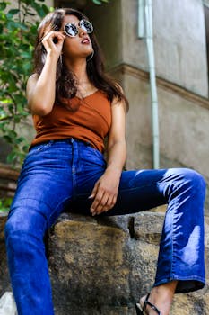 一位穿着休闲装的时尚女性戴着太阳镜在户外摆姿势