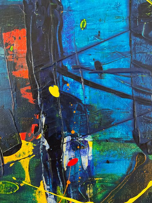 Free Colorful abstract acrylic painting with vivid blues, reds, and yellows. Stock Photo