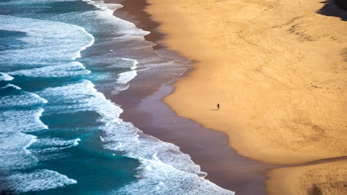 Birds Eye View of Sea and a Man Walking on a Beach 