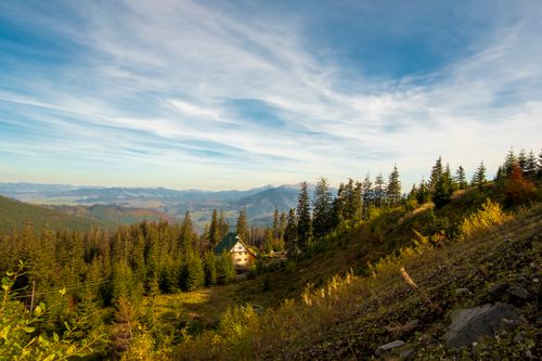 Free Serene view of Carpathian Mountains with evergreen trees, autumn colors, and a cozy cabin. Stock Photo