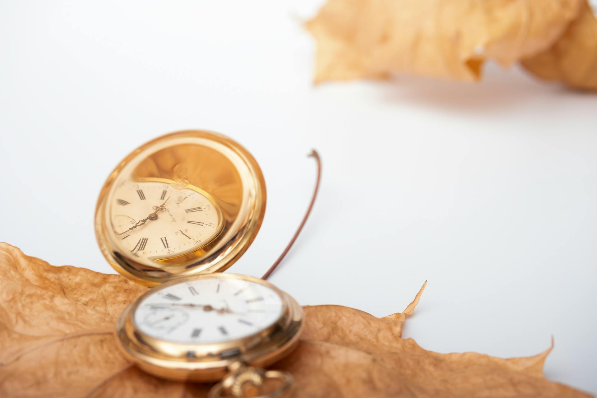 Elegant gold pocket watches resting on dry autumn leaves, symbolizing the passage of time.