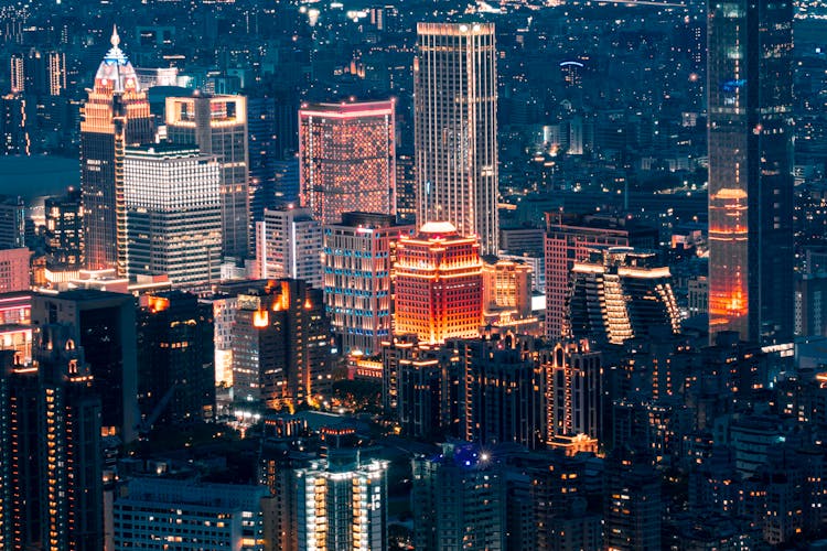 Aerial View Of Illuminated Skyscrapers In Taipei, Taiwan 