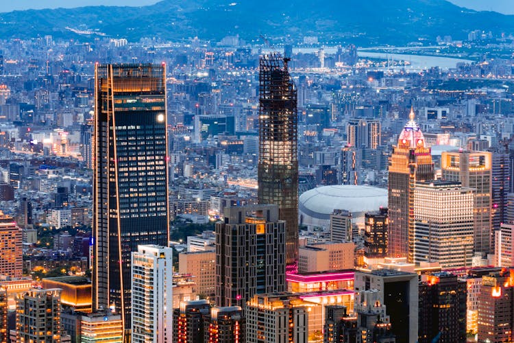 Aerial View Illuminated Skyscrapers In Taipei, Taiwan 