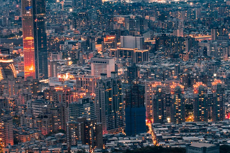 Aerial View Of A Illuminated Taipei At Night 