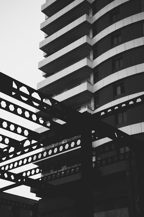 Black and White Picture of a Modern Building in City 