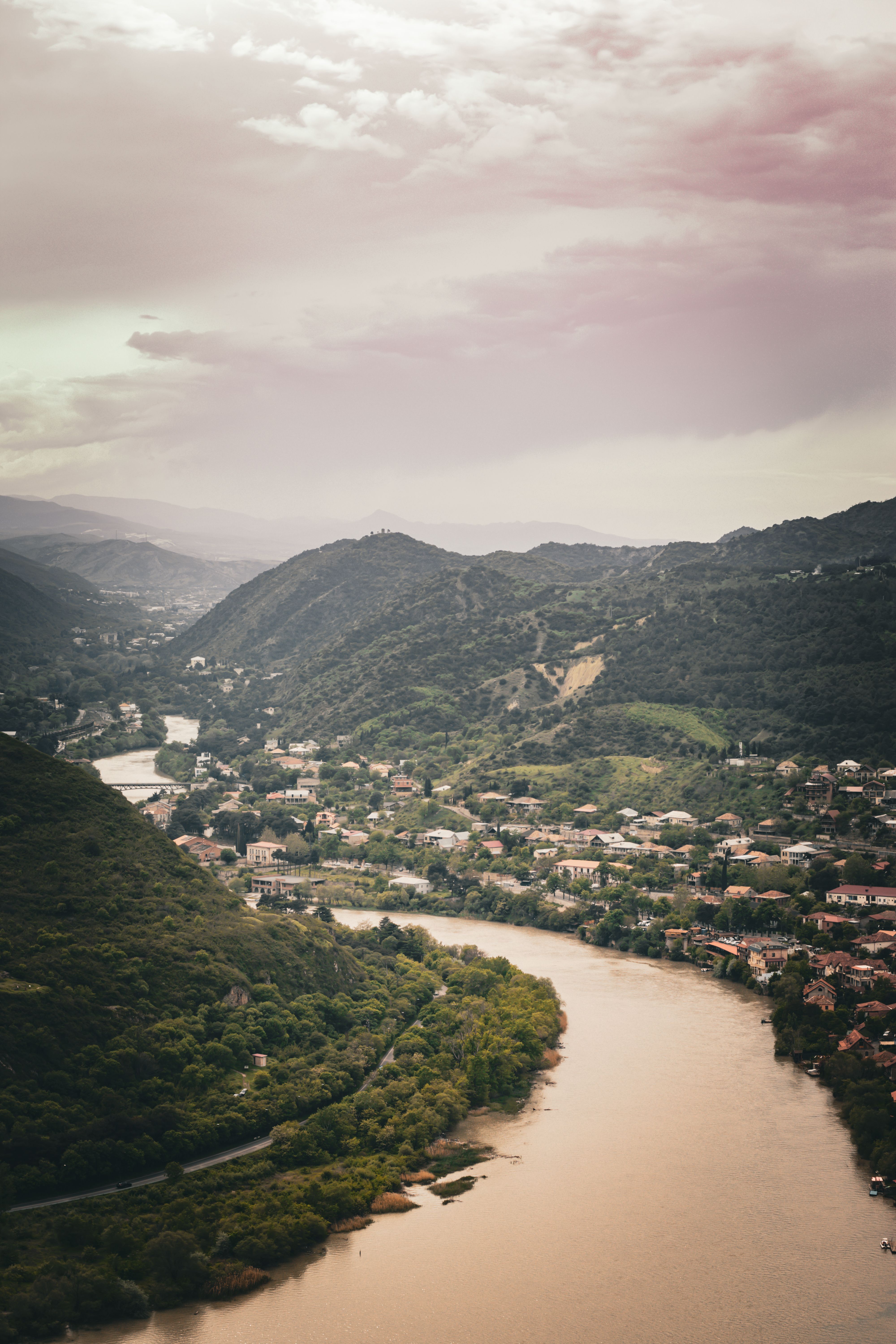 Aerial View of the River Aragvi and City of Mtskheta in a Valley · Free ...